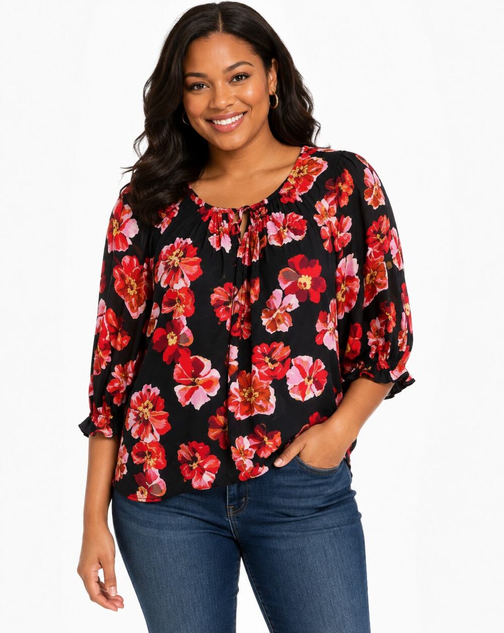 Madewell Women’s Floral Peasant Blouse Black Red Pink Tie Neck Medium M EUC